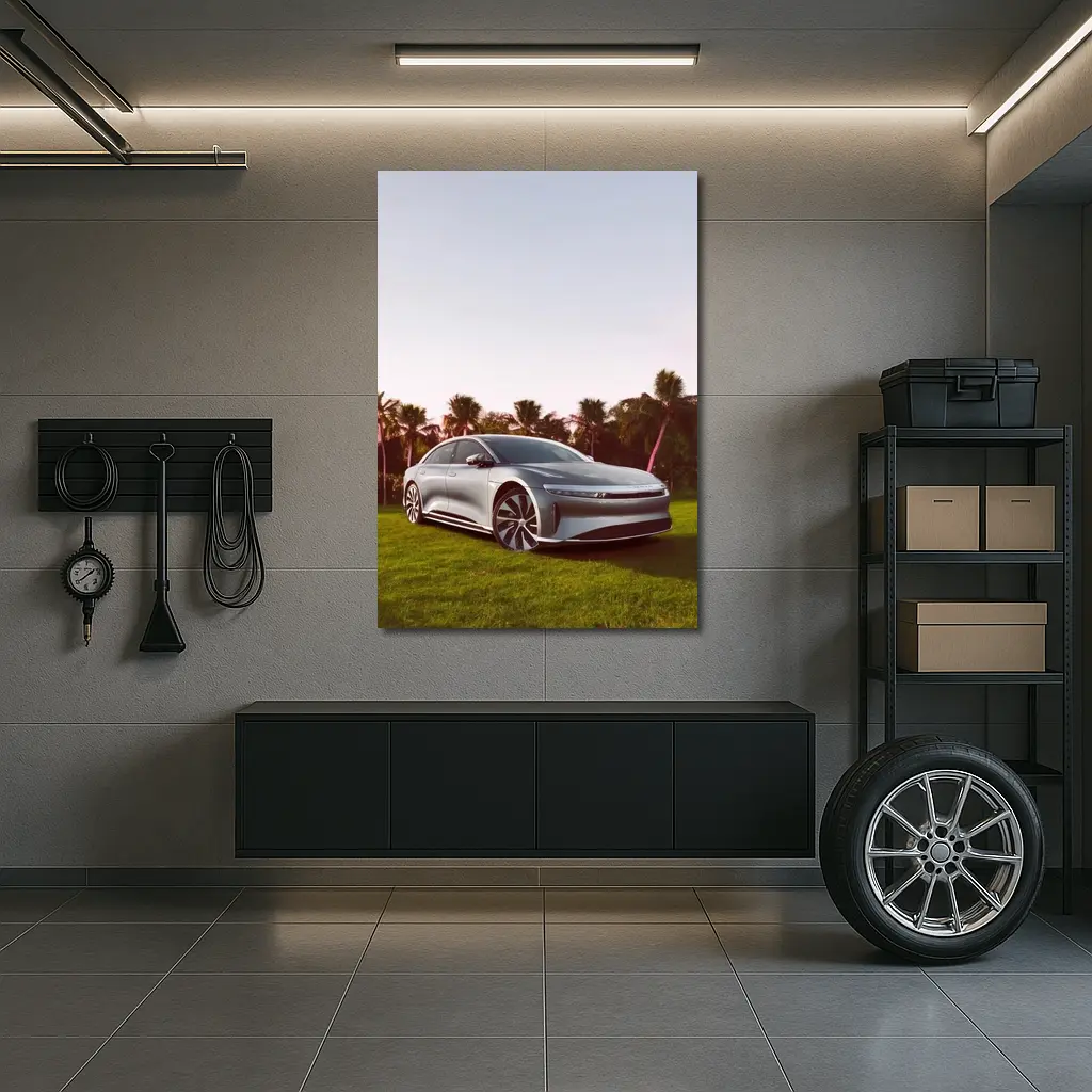 Lucid Air Silver Sedan Palm Trees Background – Wall Art