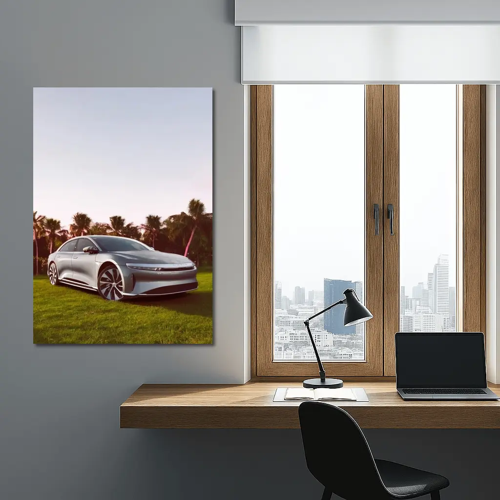 Lucid Air Silver Sedan Palm Trees Background – Wall Art