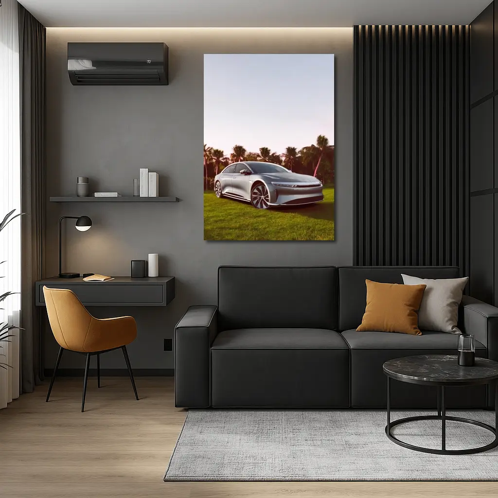 Lucid Air Silver Sedan Palm Trees Background – Wall Art