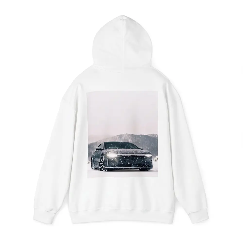 Lucid Air Electric Sedan In Snowy Landscape – Hoodies