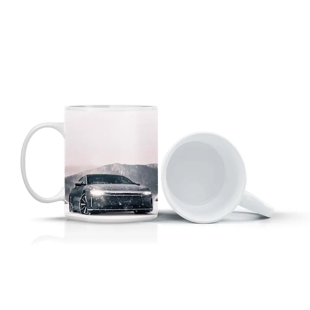 Lucid Air Electric Sedan In Snowy Landscape – Mugs