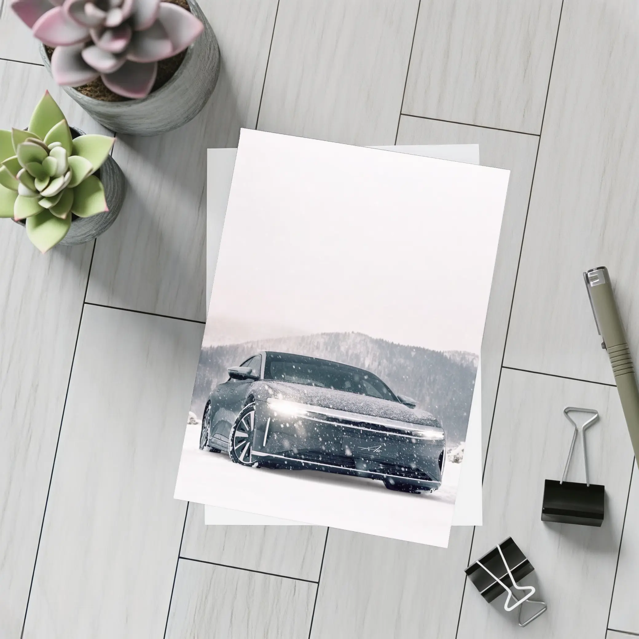 Lucid Air Electric Sedan In Snowy Landscape – Postcards
