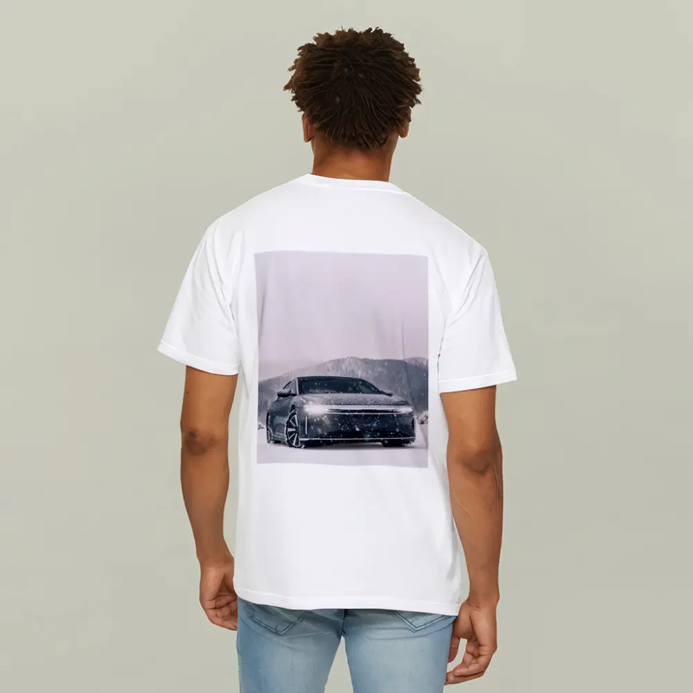 Lucid Air Electric Sedan In Snowy Landscape – T-Shirts