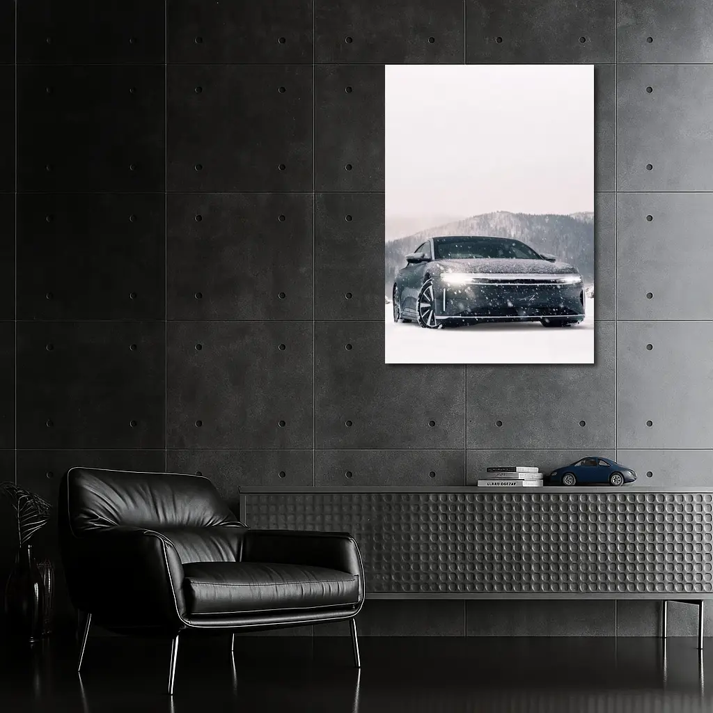 Lucid Air Electric Sedan In Snowy Landscape – Wall Art