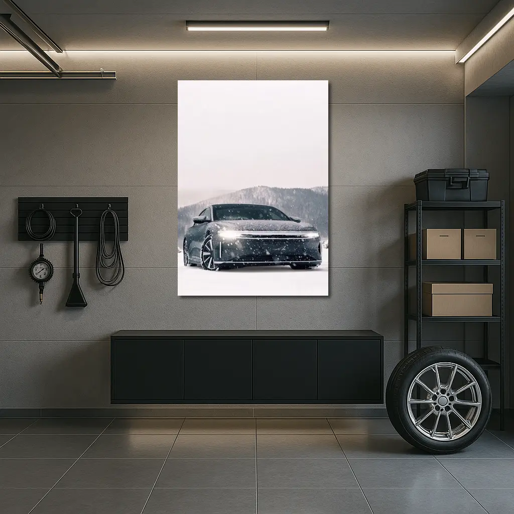 Lucid Air Electric Sedan In Snowy Landscape – Wall Art