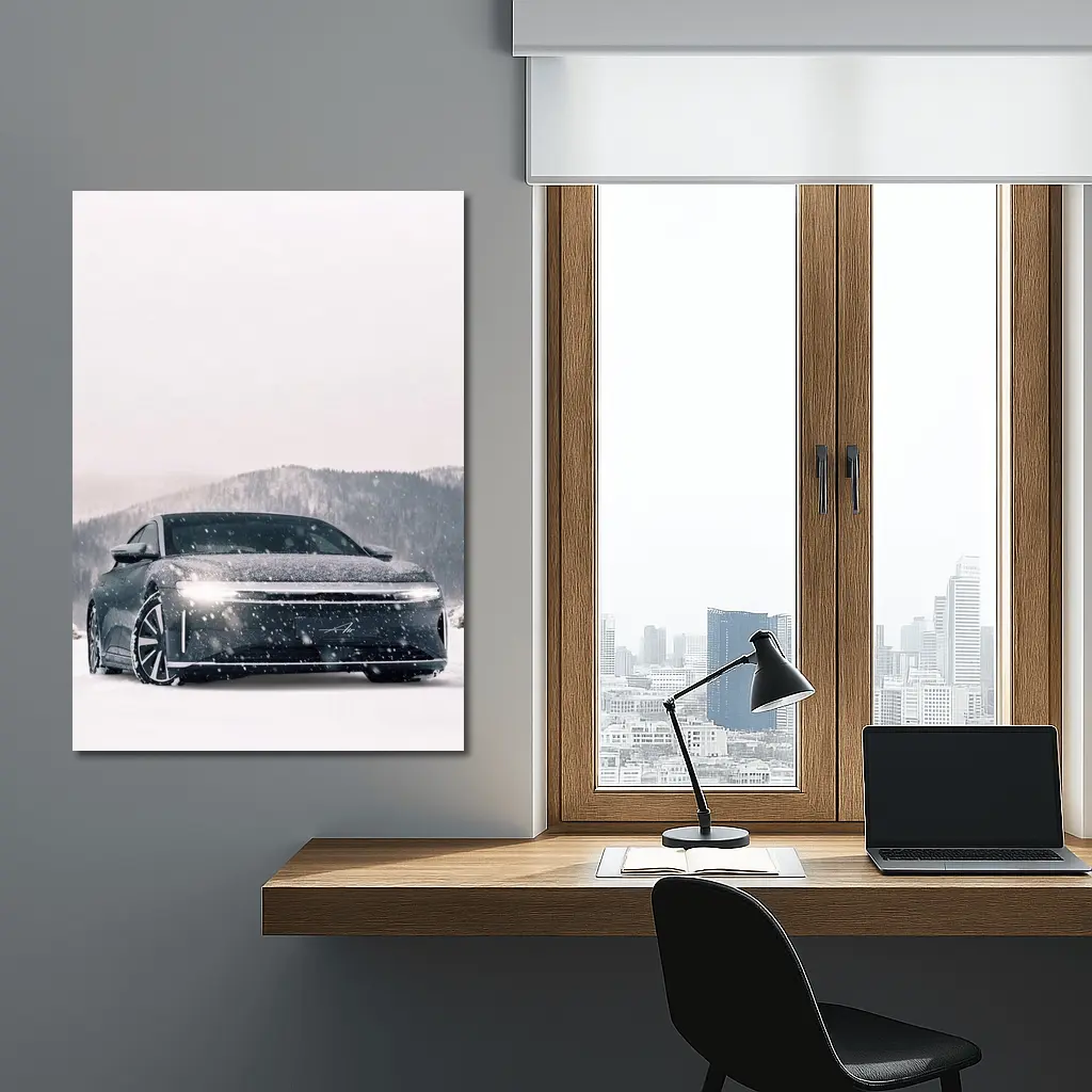 Lucid Air Electric Sedan In Snowy Landscape – Wall Art