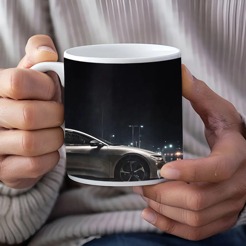 Lucid Air Sedan Rainy Night City Street – Mugs