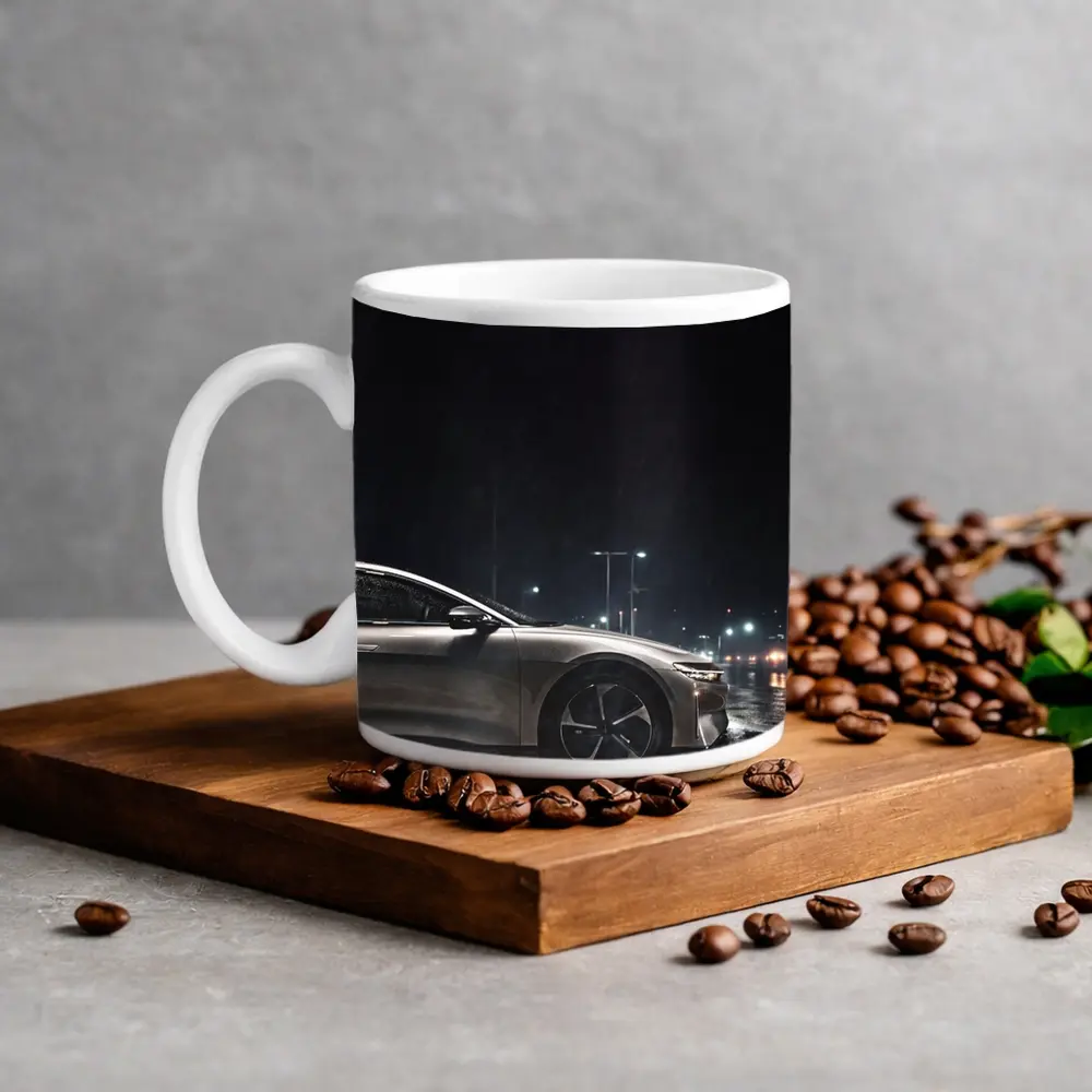 Lucid Air Sedan Rainy Night City Street – Mugs