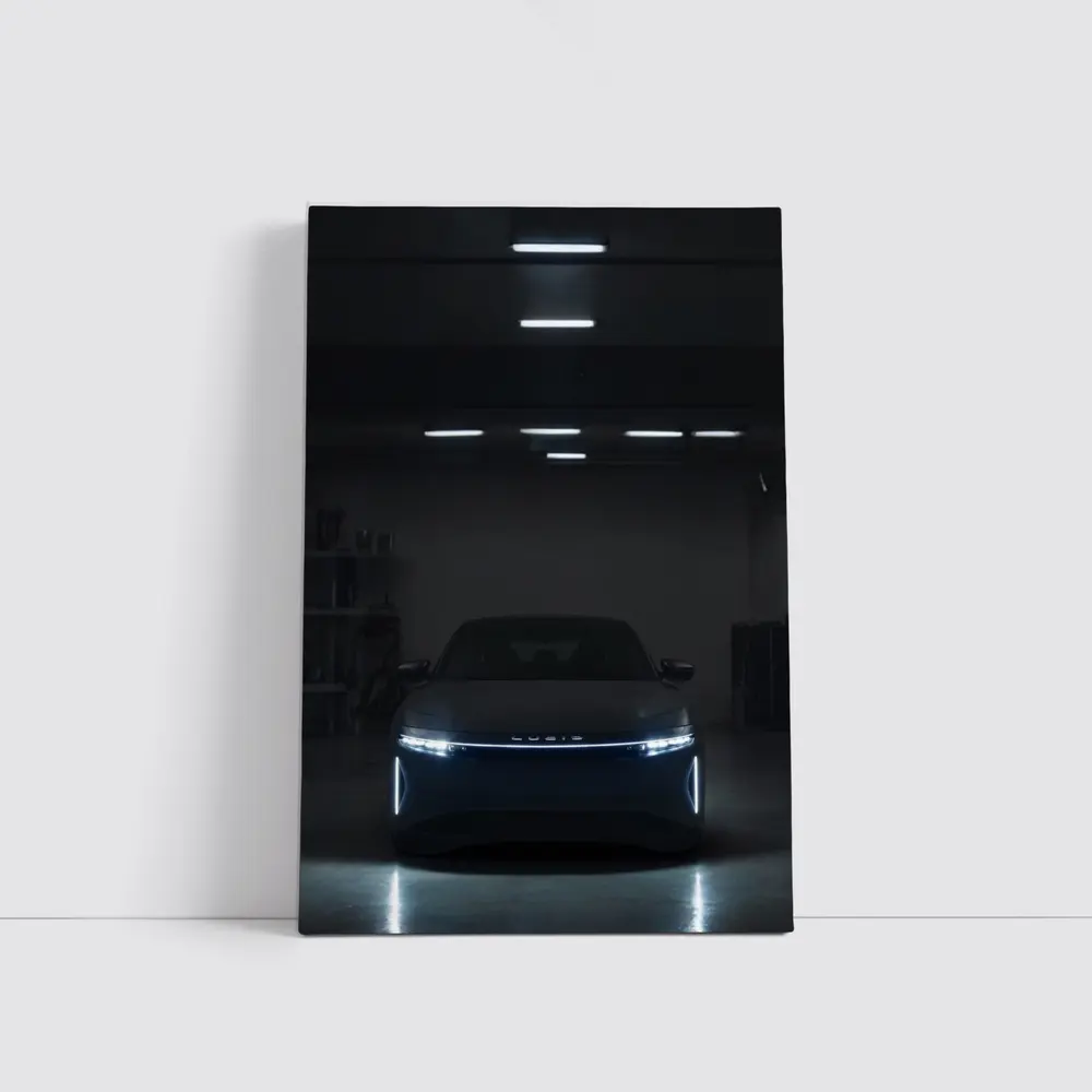Lucid Air Glowing Headlights Dark Garage – Wall Art