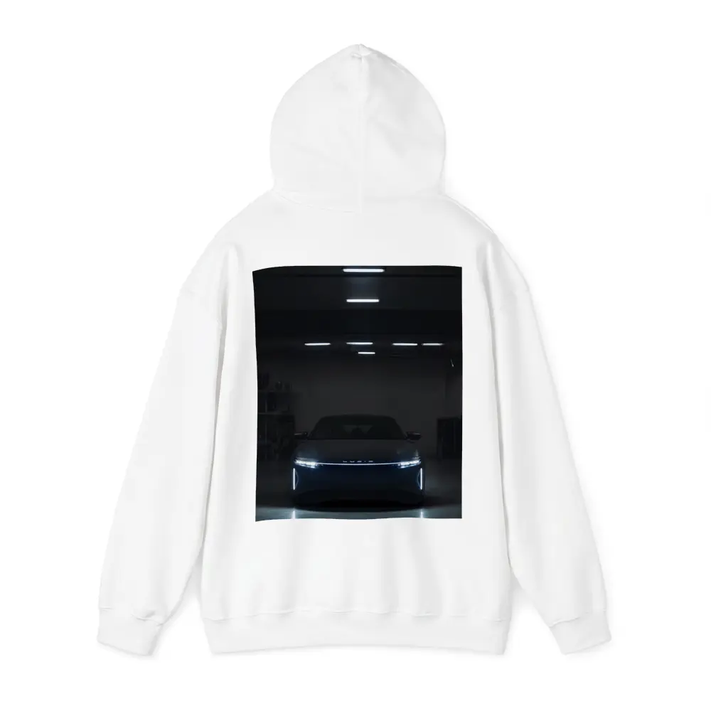 Lucid Air Glowing Headlights Dark Garage – Hoodies