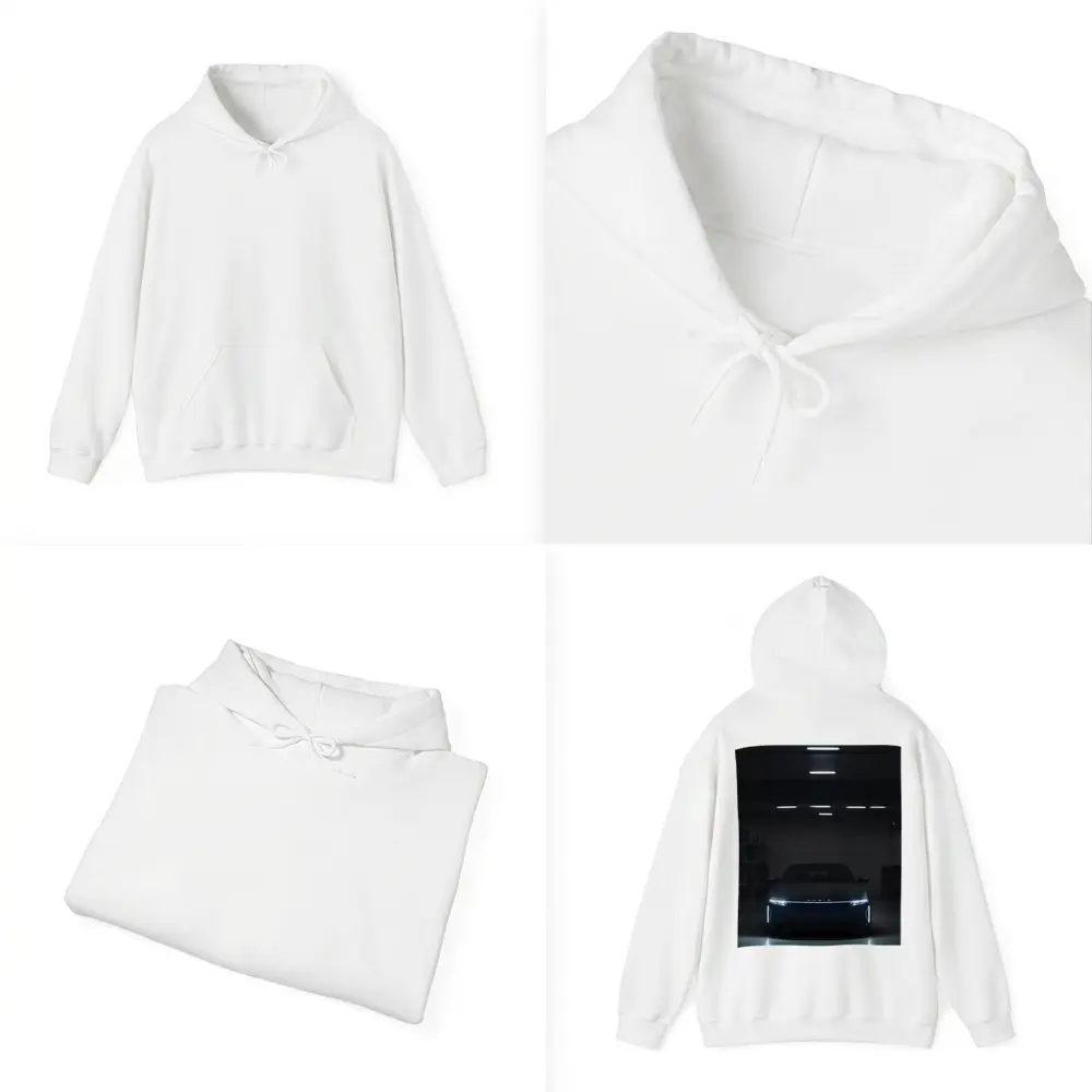 Lucid Air Glowing Headlights Dark Garage – Hoodies