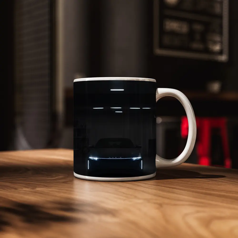Lucid Air Glowing Headlights Dark Garage – Mugs