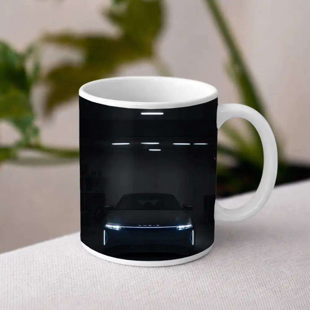 Lucid Air Glowing Headlights Dark Garage – Mugs