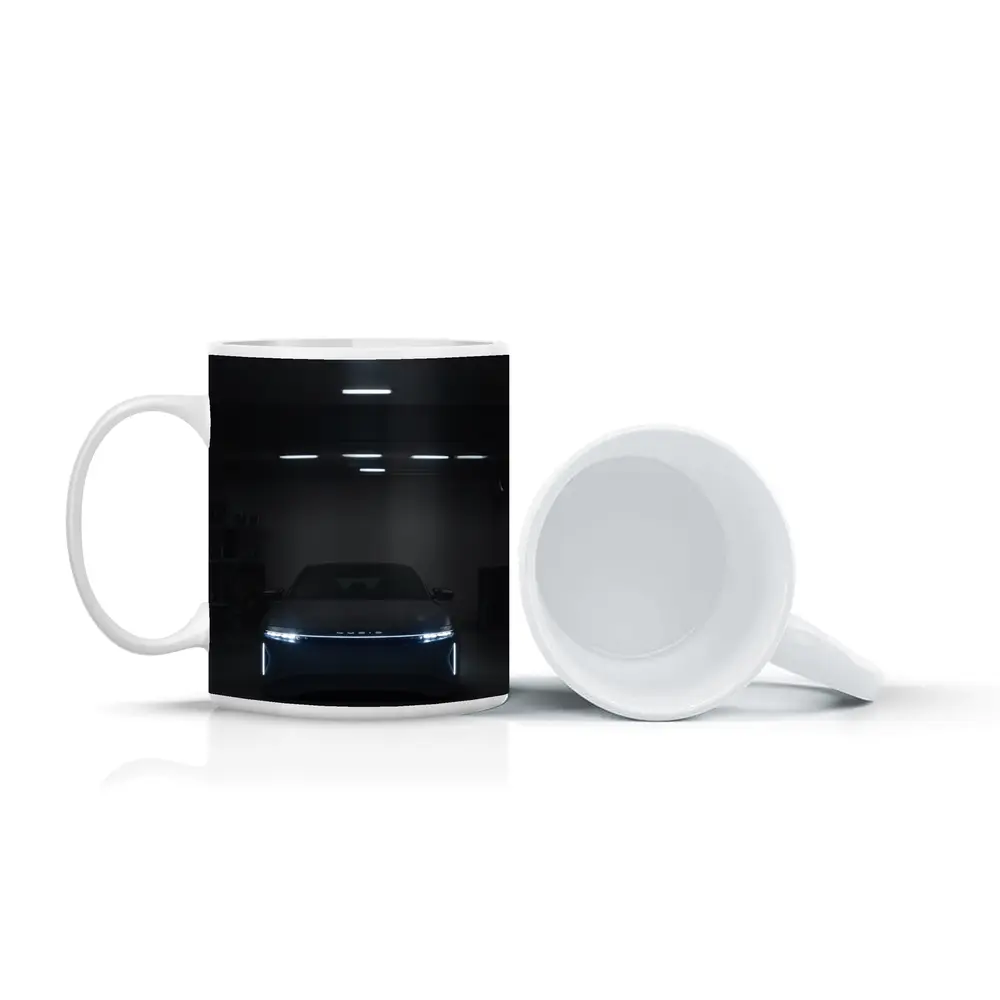 Lucid Air Glowing Headlights Dark Garage – Mugs