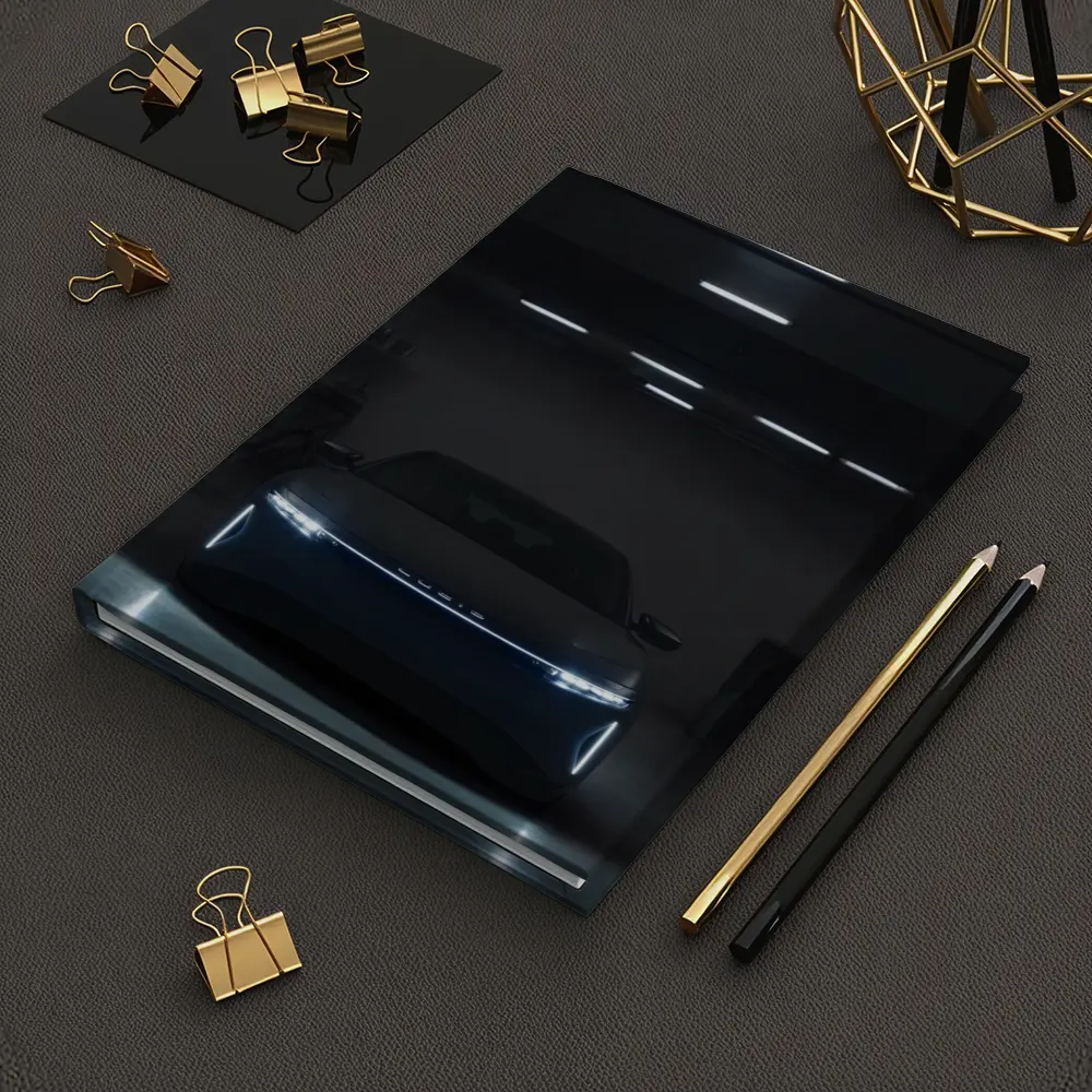 Lucid Air Glowing Headlights Dark Garage – Notebooks