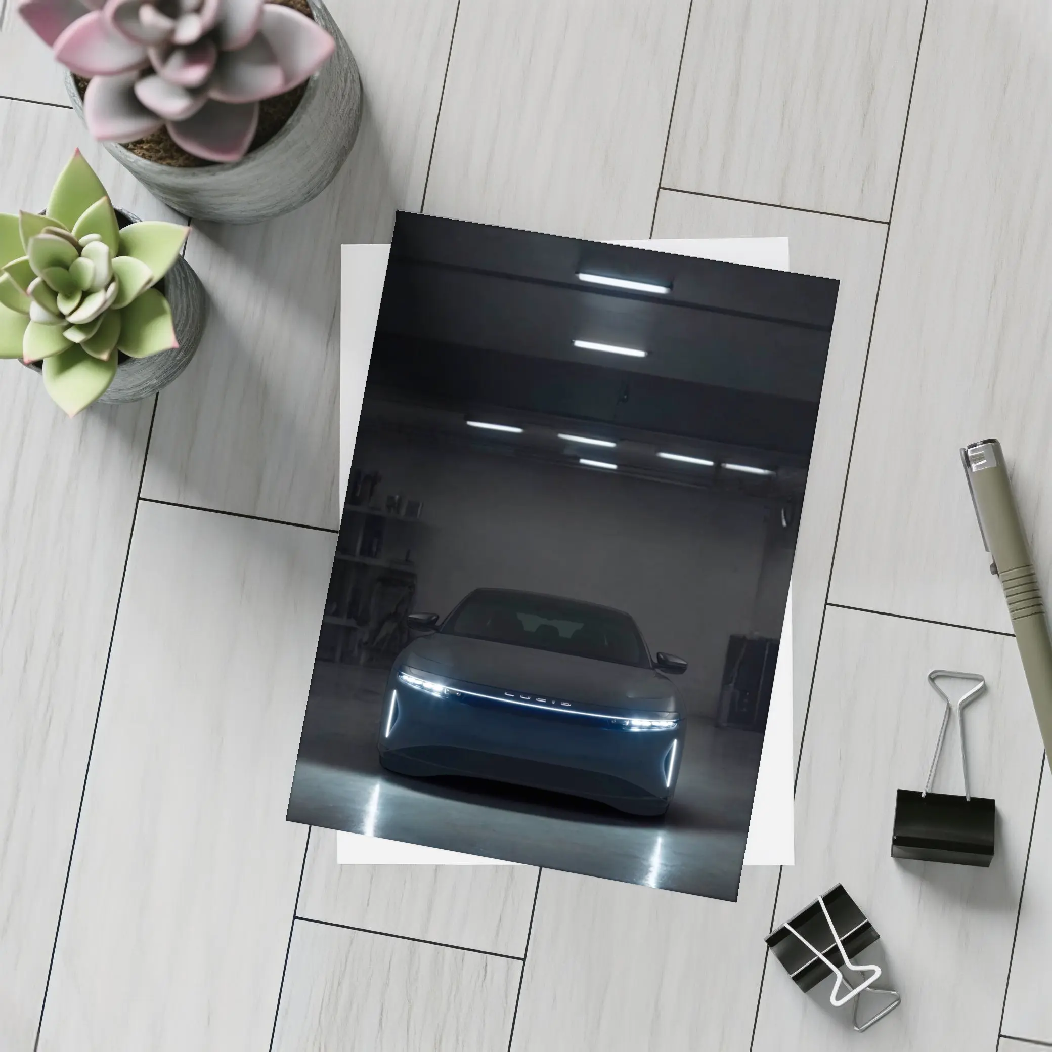 Lucid Air Glowing Headlights Dark Garage – Postcards