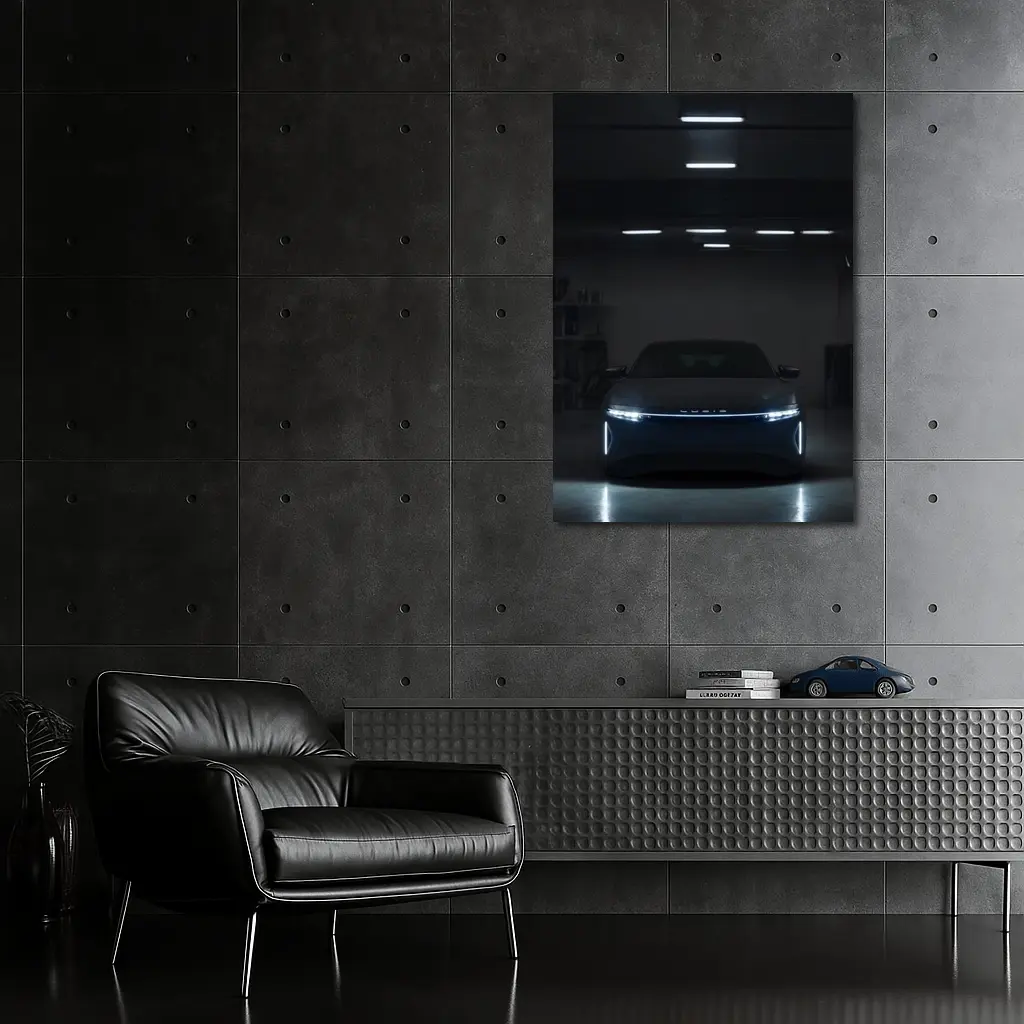 Lucid Air Glowing Headlights Dark Garage – Wall Art