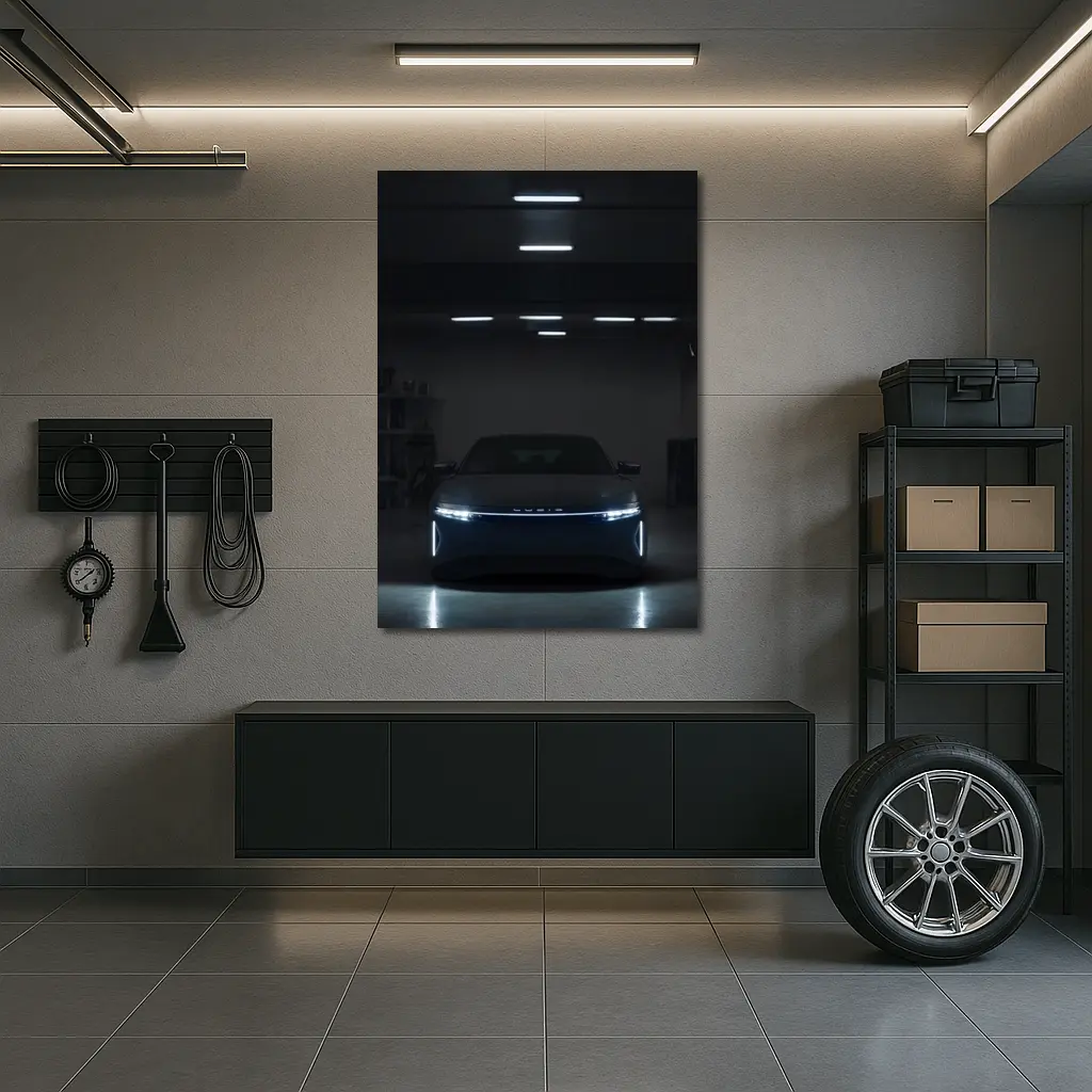 Lucid Air Glowing Headlights Dark Garage – Wall Art