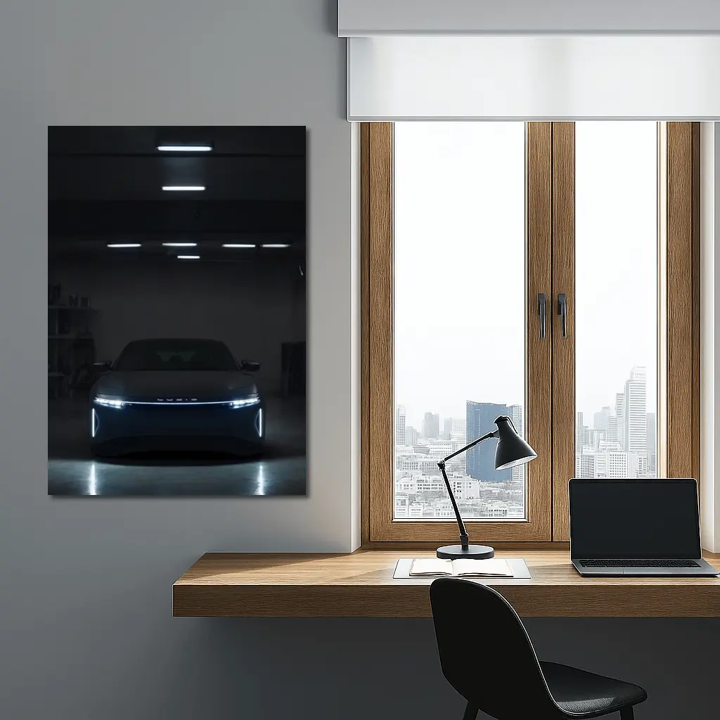 Lucid Air Glowing Headlights Dark Garage – Wall Art