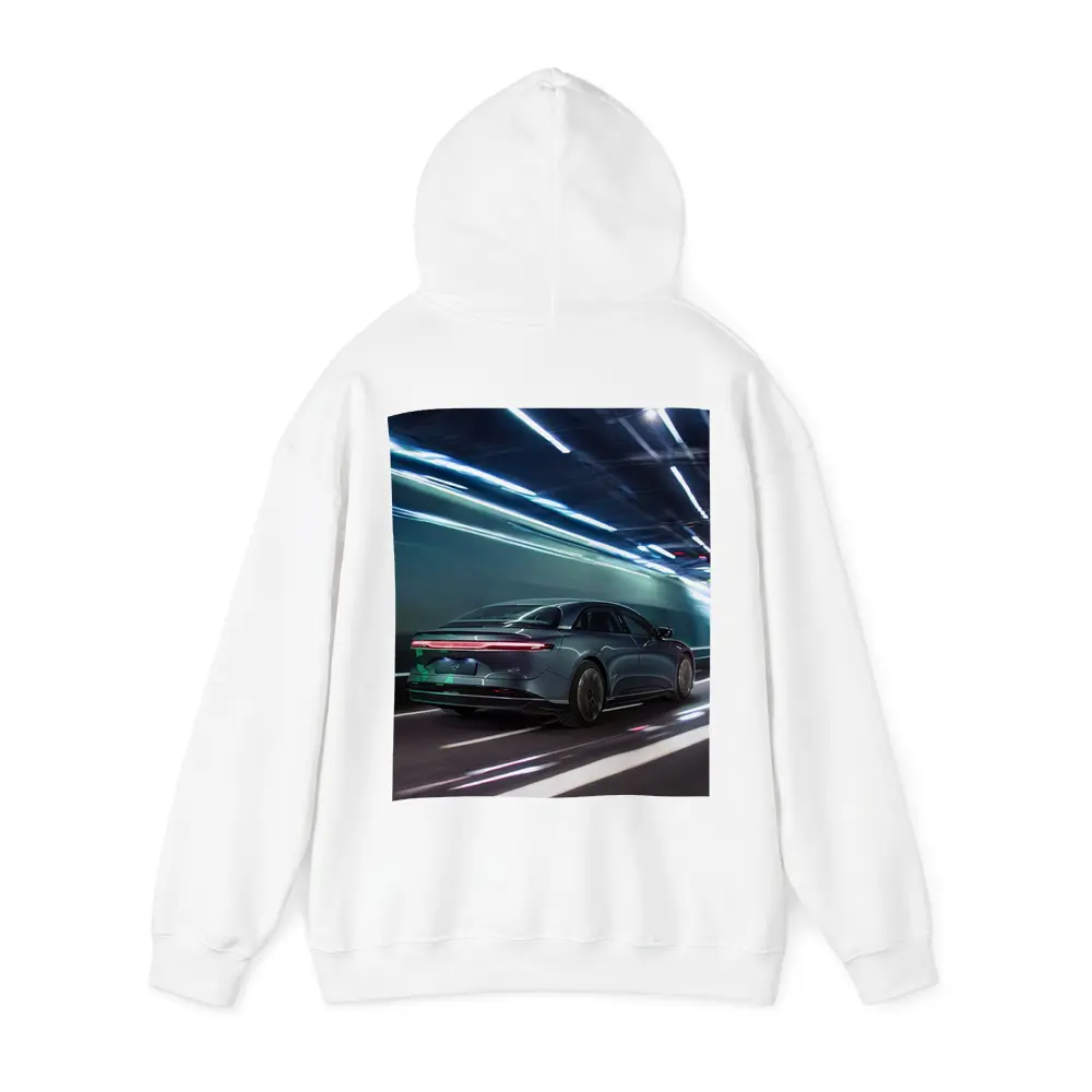 Lucid Air Speeding Through Neon Tunnel Night – Hoodies