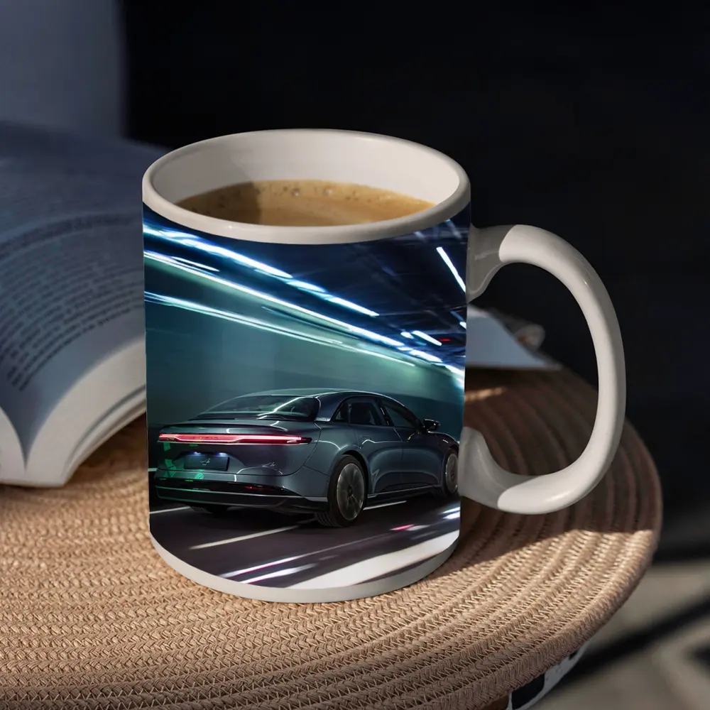 Lucid Air Speeding Through Neon Tunnel Night – Mugs