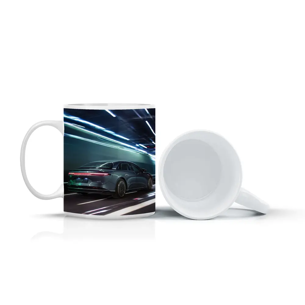 Lucid Air Speeding Through Neon Tunnel Night – Mugs