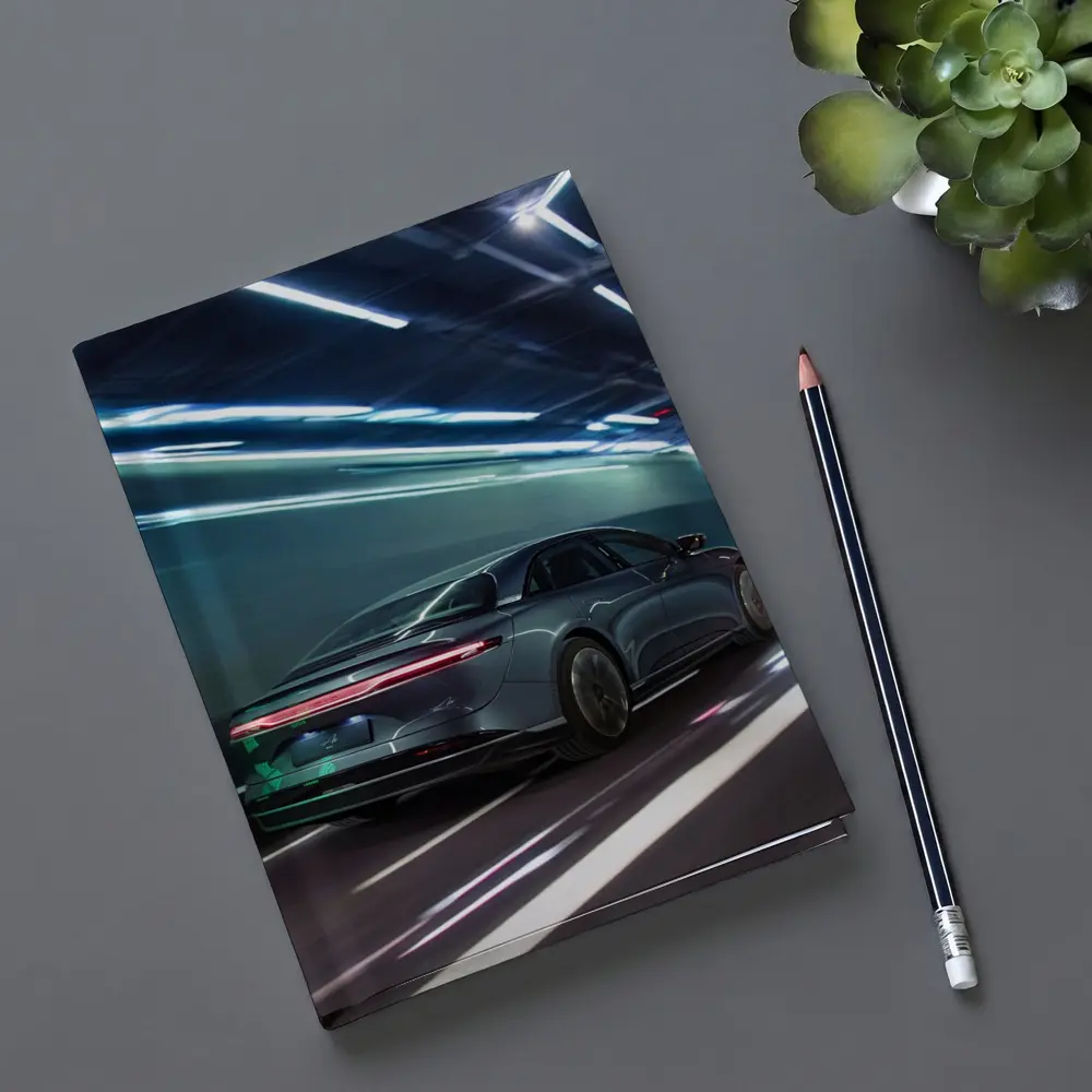 Lucid Air Speeding Through Neon Tunnel Night – Notebooks