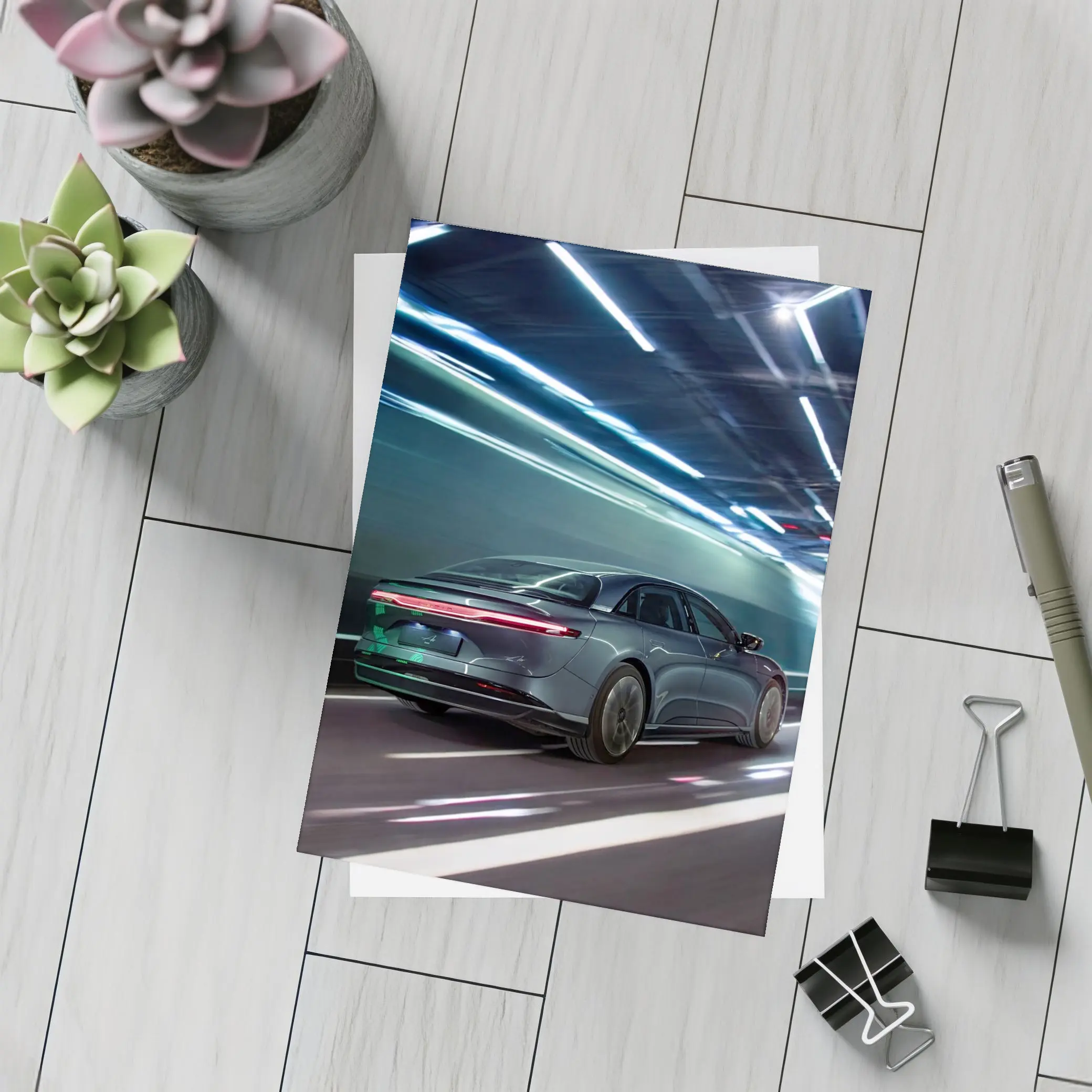 Lucid Air Speeding Through Neon Tunnel Night – Postcards