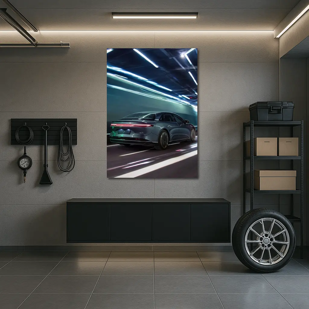 Lucid Air Speeding Through Neon Tunnel Night – Wall Art