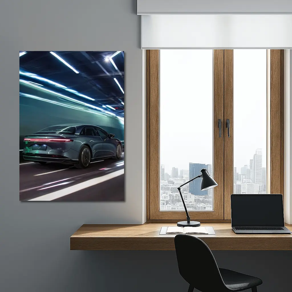 Lucid Air Speeding Through Neon Tunnel Night – Wall Art