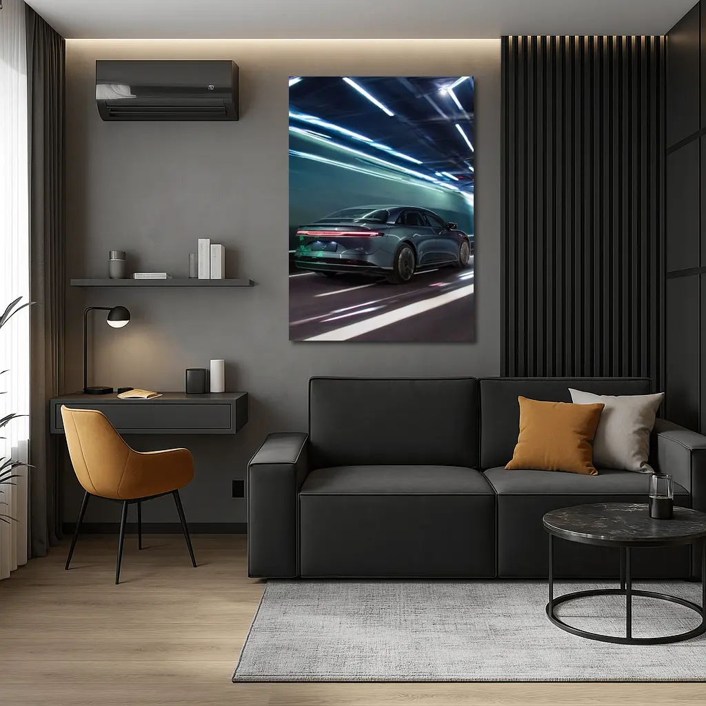 Lucid Air Speeding Through Neon Tunnel Night – Wall Art