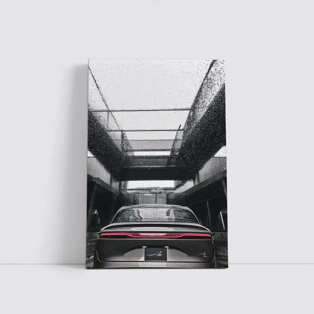 Lucid Air Sedan Rainy Urban Parking Structure – Wall Art