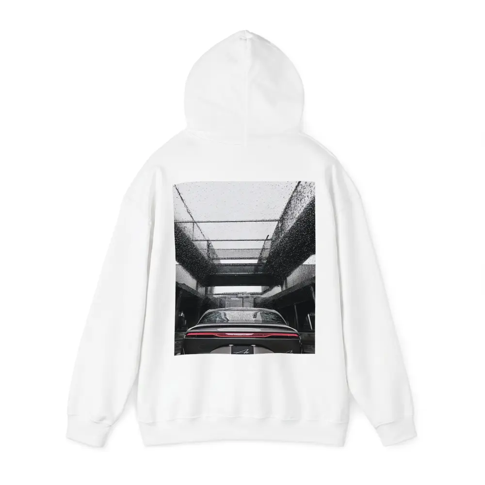 Lucid Air Sedan Rainy Urban Parking Structure – Hoodies