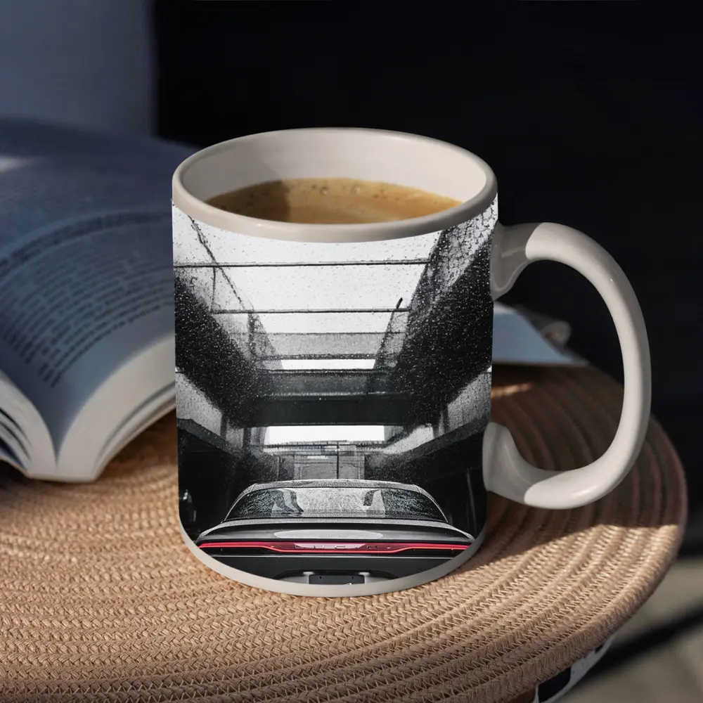 Lucid Air Sedan Rainy Urban Parking Structure – Mugs