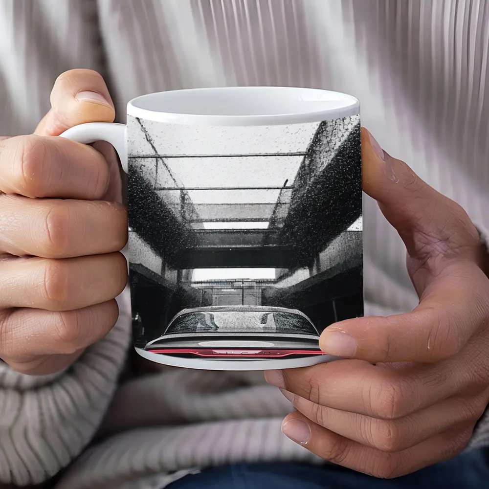 Lucid Air Sedan Rainy Urban Parking Structure – Mugs