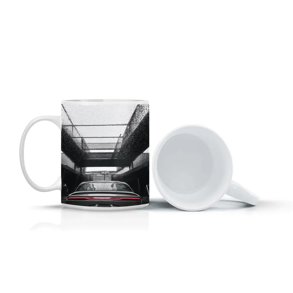 Lucid Air Sedan Rainy Urban Parking Structure – Mugs