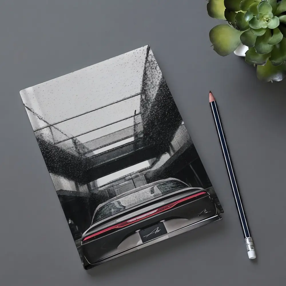 Lucid Air Sedan Rainy Urban Parking Structure – Notebooks