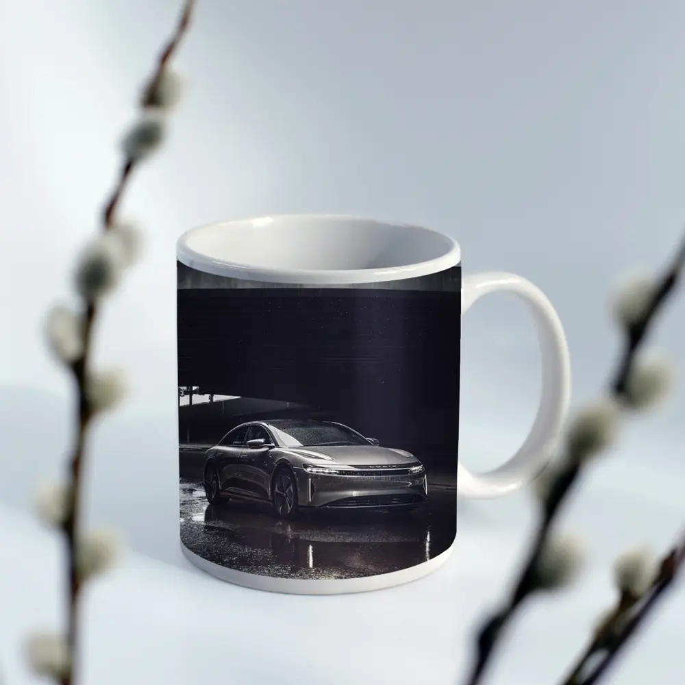 Lucid Air Sedan Wet Urban Street Night – Mugs