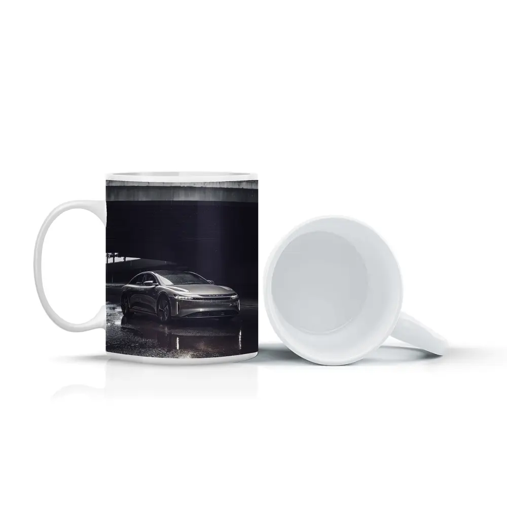 Lucid Air Sedan Wet Urban Street Night – Mugs