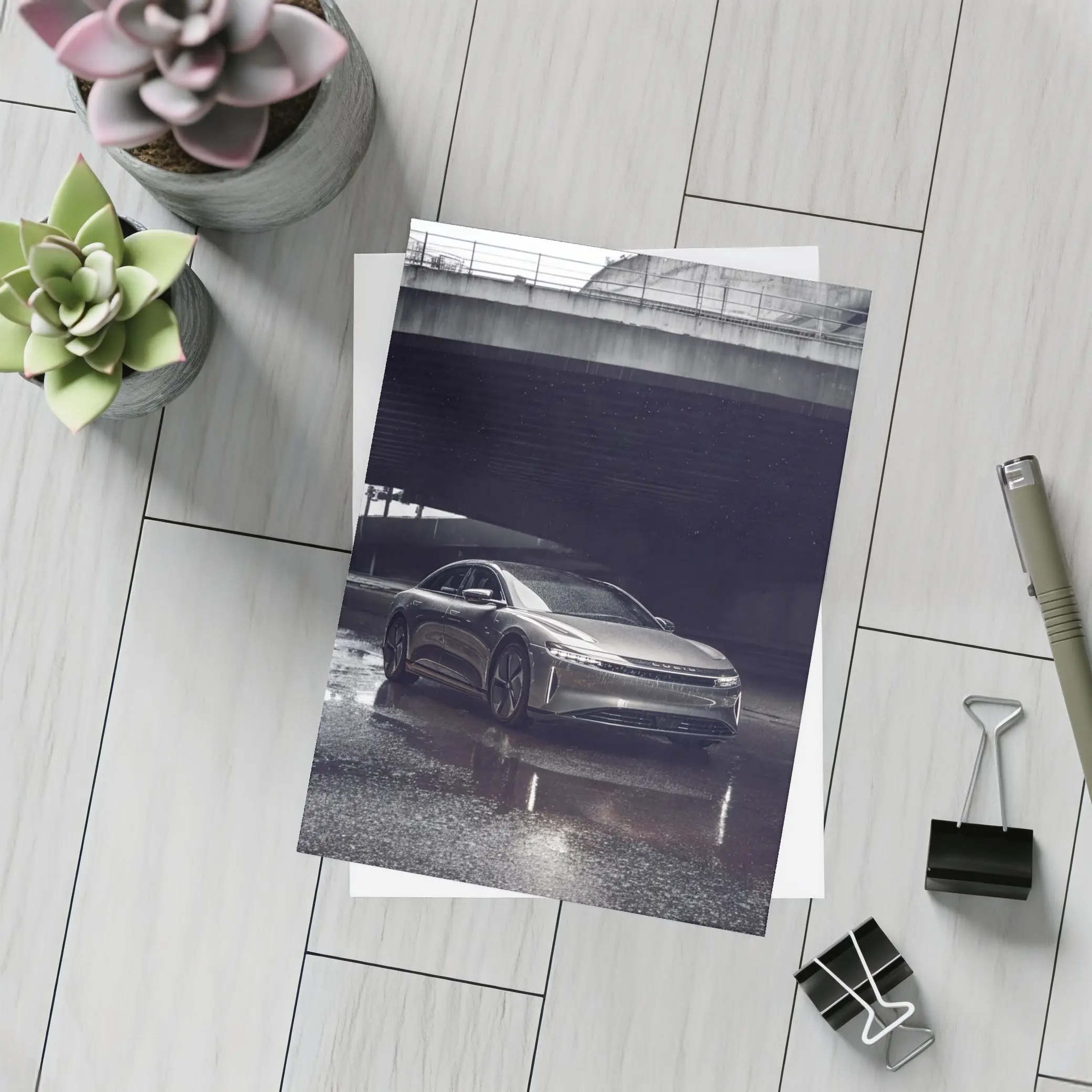 Lucid Air Sedan Wet Urban Street Night – Postcards