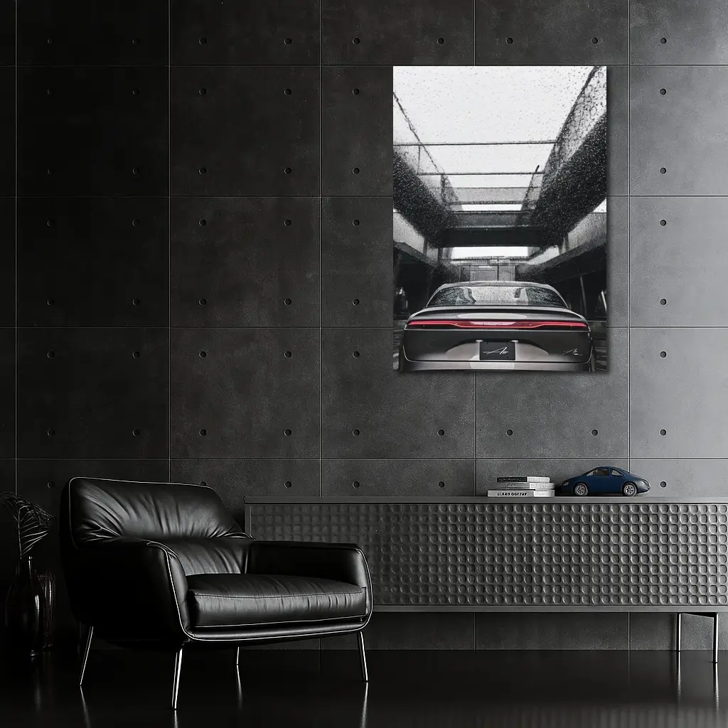 Lucid Air Sedan Rainy Urban Parking Structure – Wall Art
