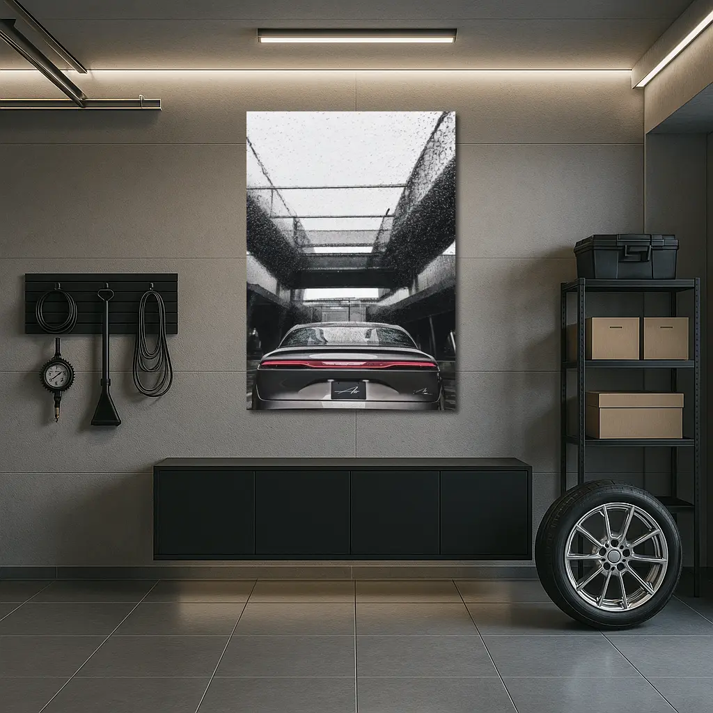 Lucid Air Sedan Rainy Urban Parking Structure – Wall Art