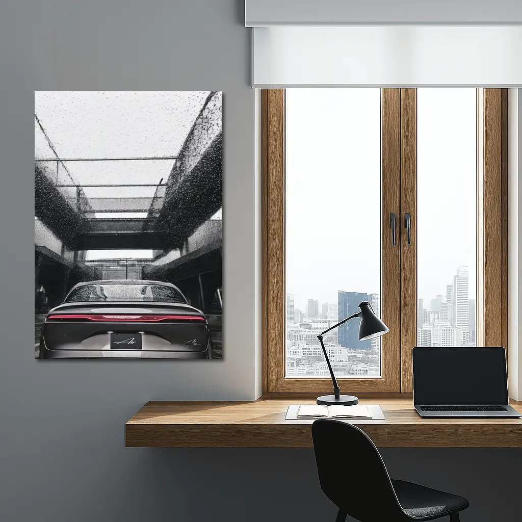 Lucid Air Sedan Rainy Urban Parking Structure – Wall Art