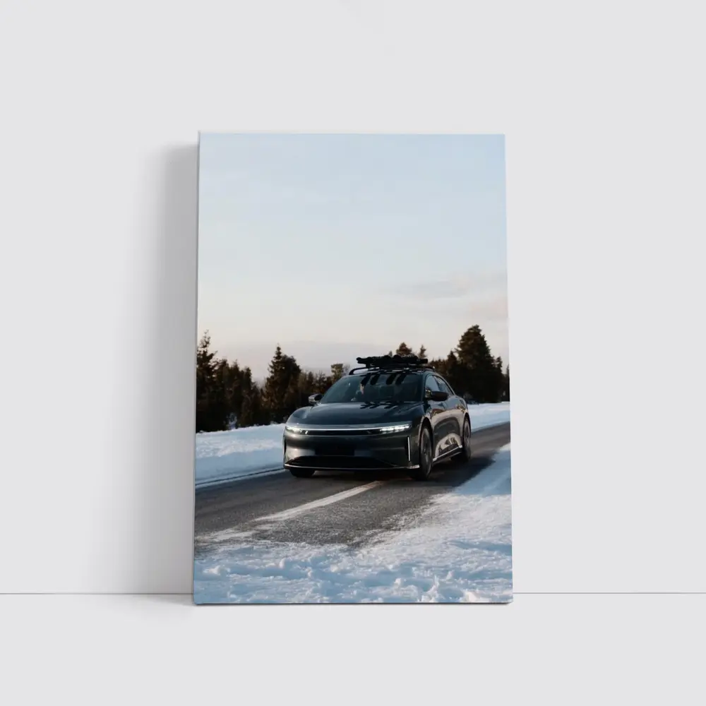 Lucid Air Driving Snowy Winter Road – Wall Art