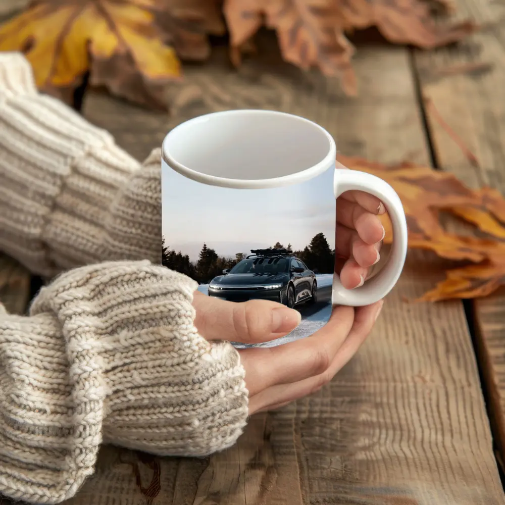 Lucid Air Driving Snowy Winter Road – Mugs