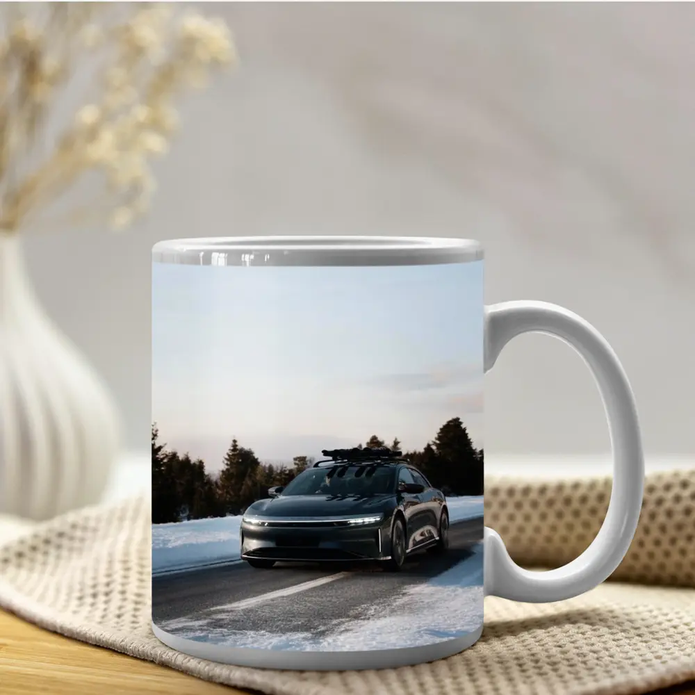 Lucid Air Driving Snowy Winter Road – Mugs