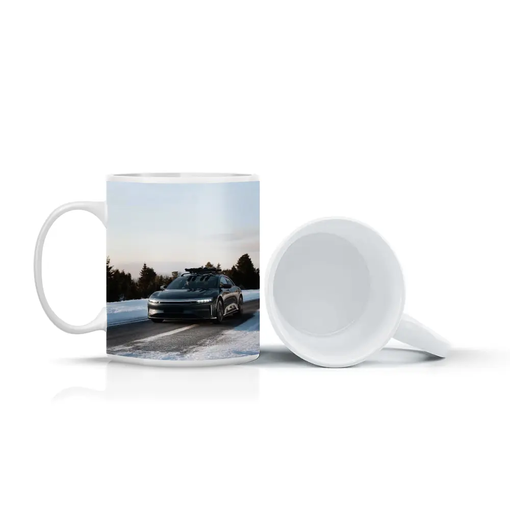 Lucid Air Driving Snowy Winter Road – Mugs