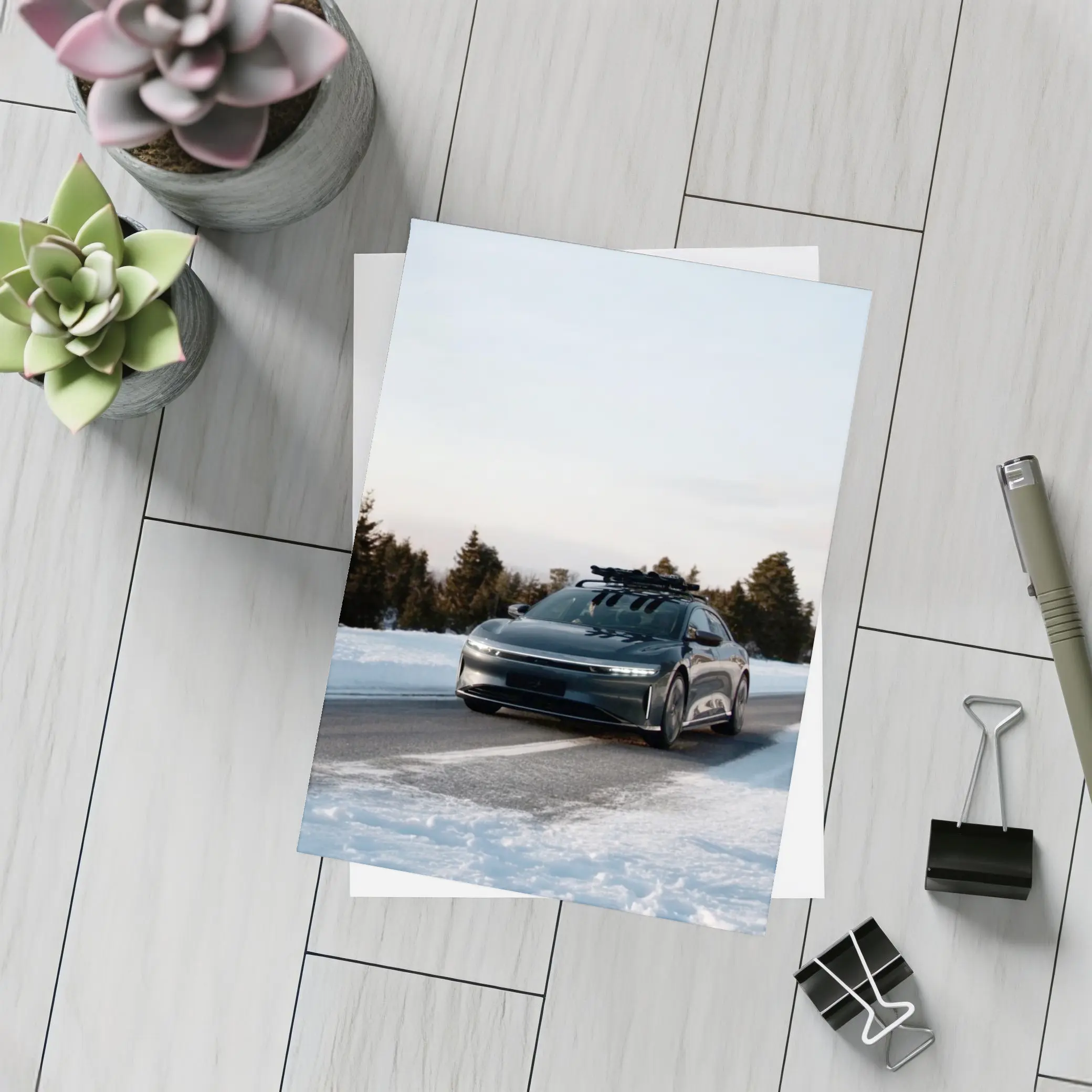 Lucid Air Driving Snowy Winter Road – Postcards