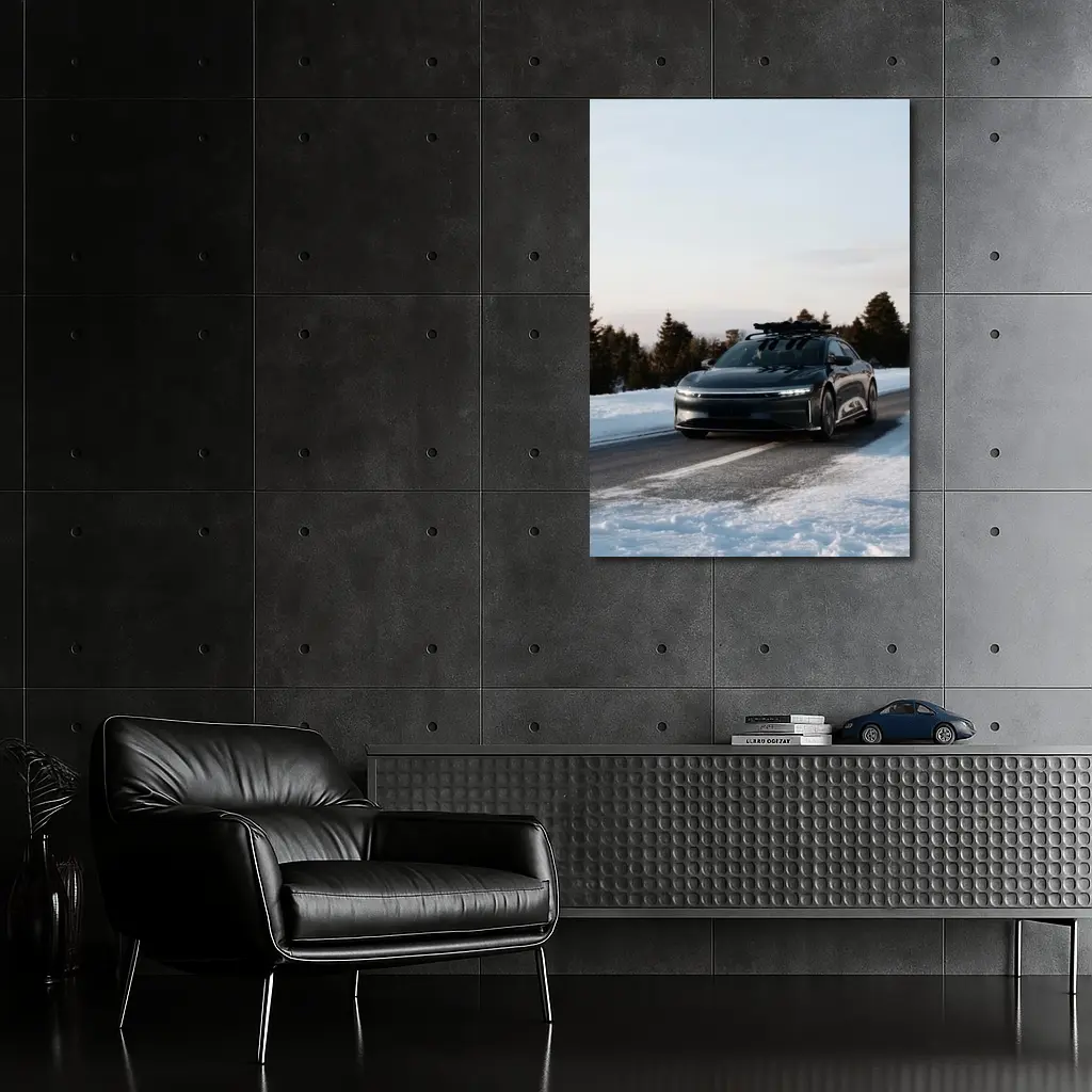 Lucid Air Driving Snowy Winter Road – Wall Art