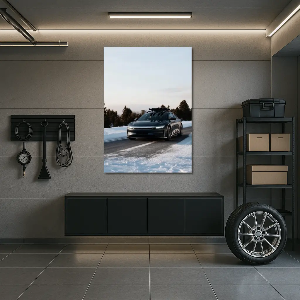 Lucid Air Driving Snowy Winter Road – Wall Art